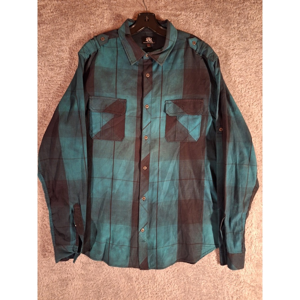 Rock & Republic Mens XXL Teal Black Plaid Button Down Shirt Epaulettes Long Slv